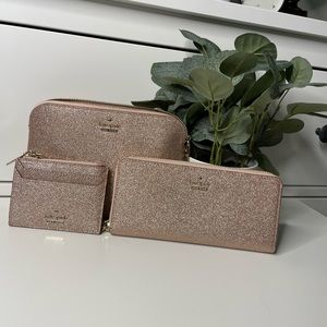 Kate Spade Gold Glitter Continental Wallet, Cosmetic Case & Coin Purse Set